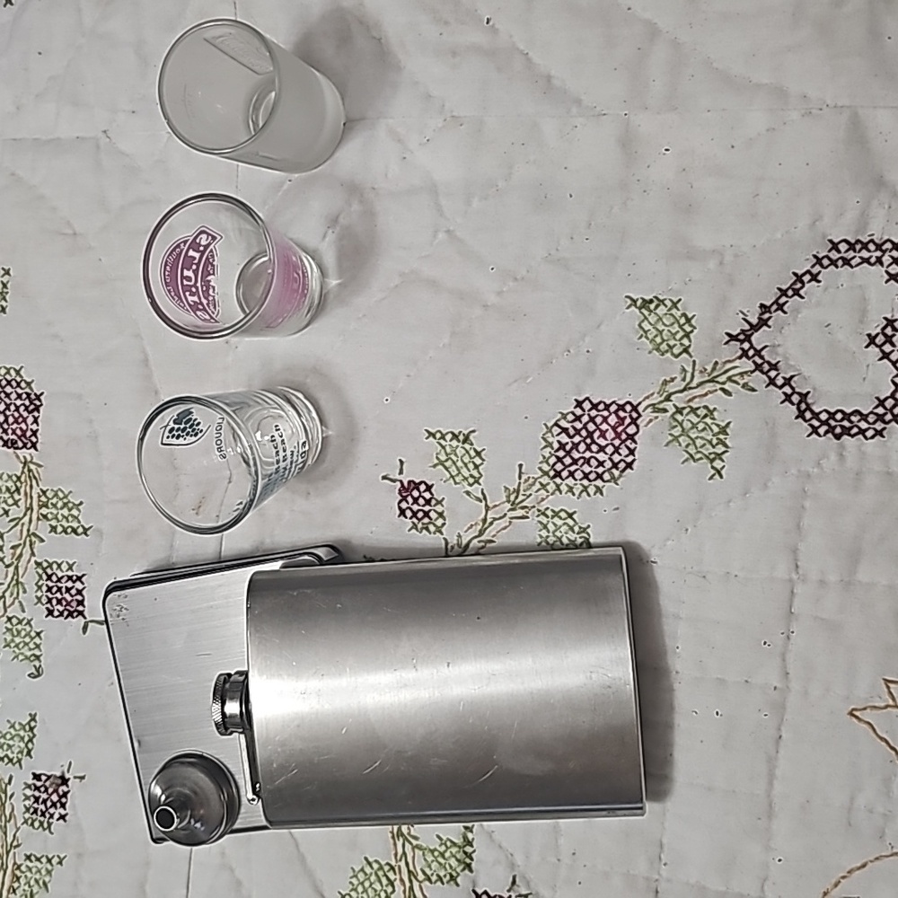 Set of 3 shot glasses and an 8oz steel flask with funnel+cigarette case bundle